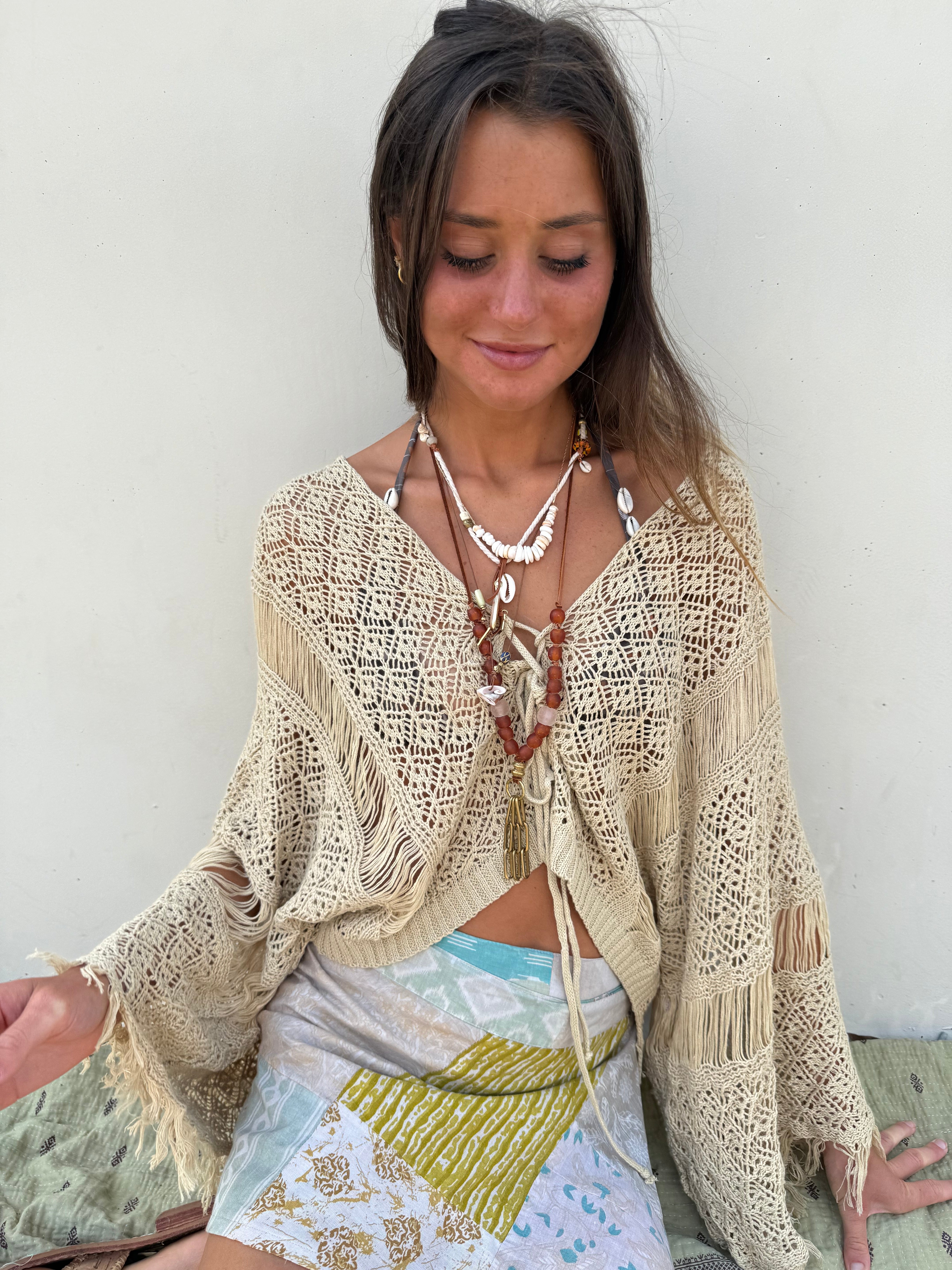 Clementine Crochet Top - Bohemian Lace-Up Long Sleeve | Mora Girls