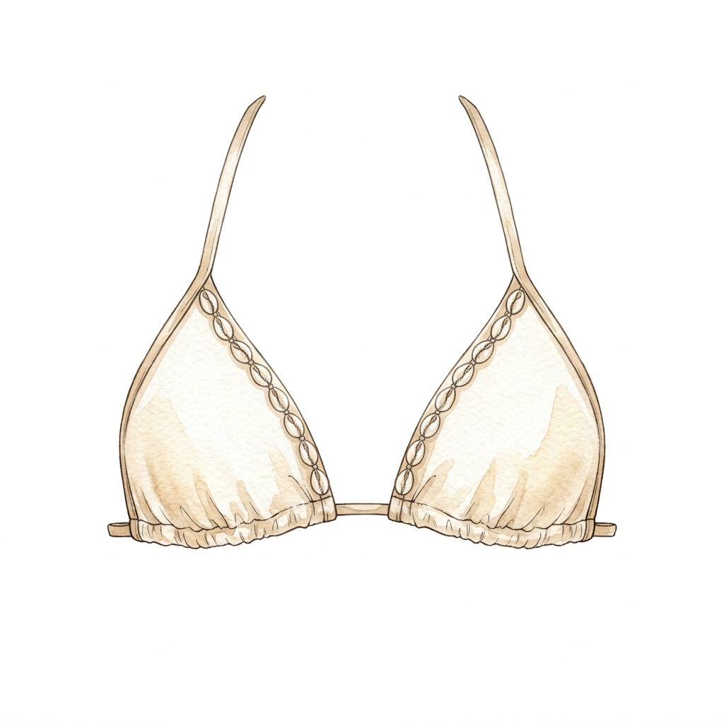 Neutral watercolor triangle bikini top with shell-trimmed edges and no cutouts